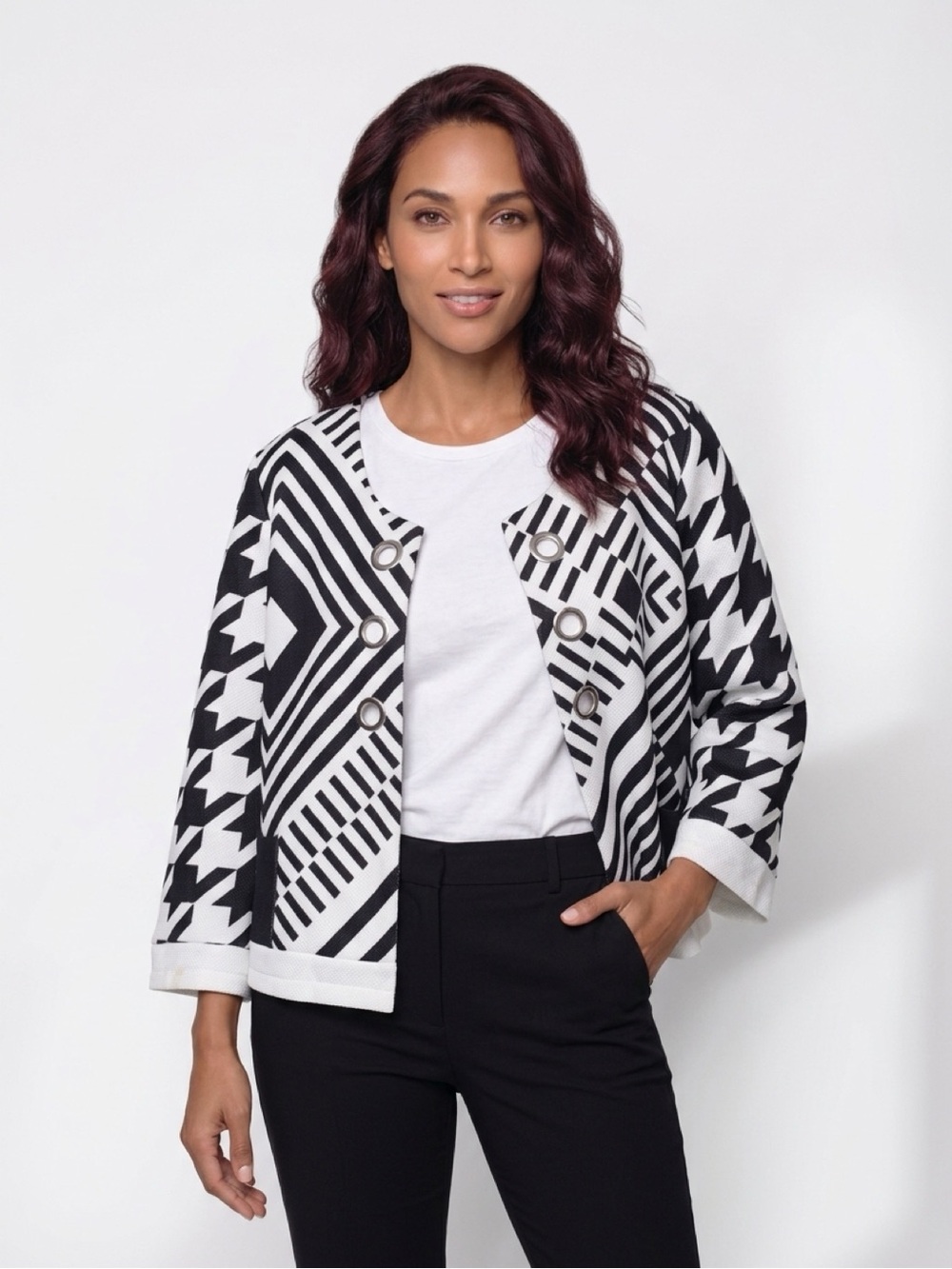 Geometric Black & White Double-Grommet Blazer - St. Paul Collection
